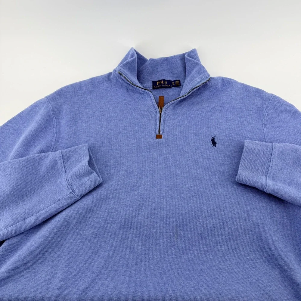 Polo Ralph Lauren Quarter Zip Cotton Pullover Sweater XL Blue Heathered Pony